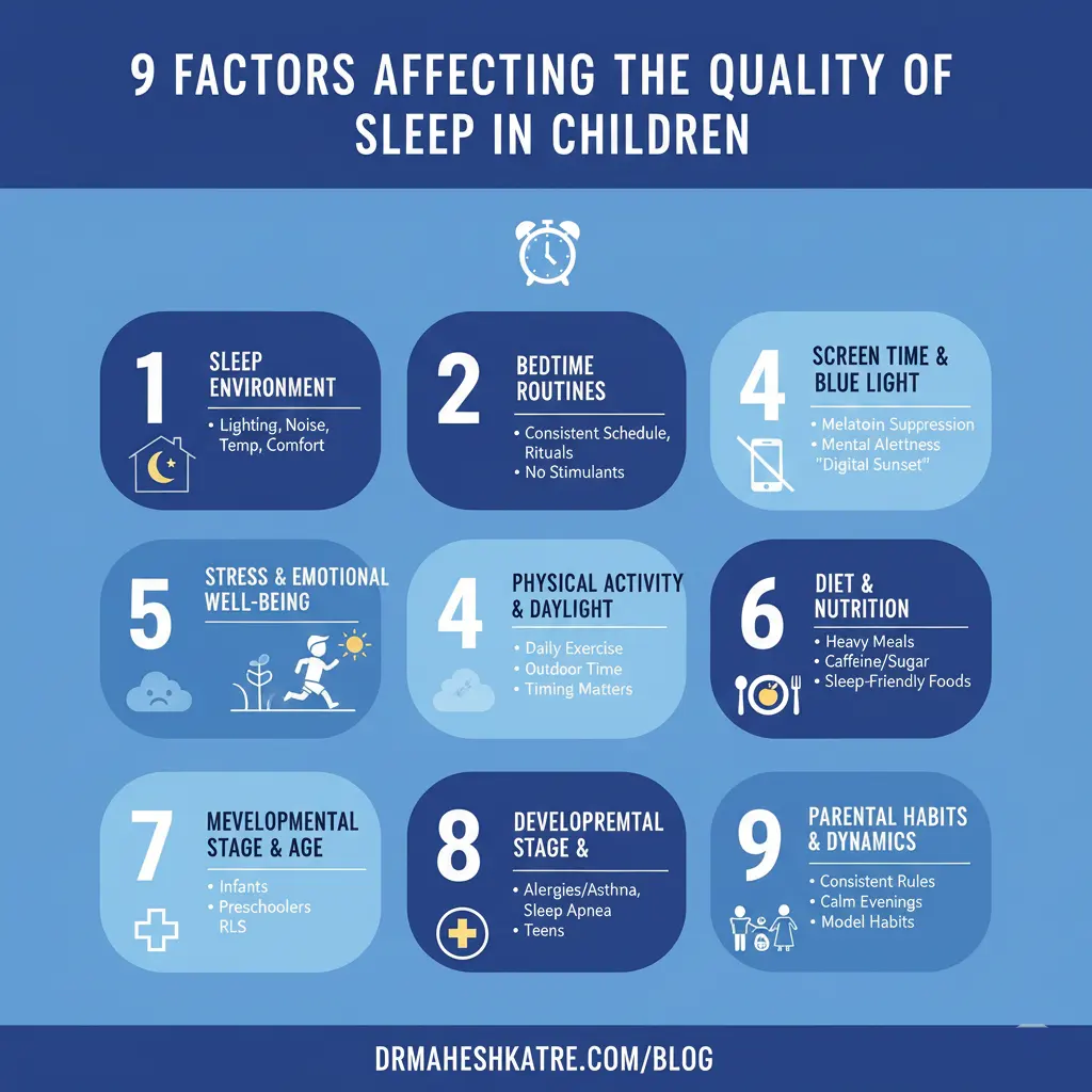 Discover the key factors affecting your child's sleep quality. Learn about environment, routines, diet, and more to ensure restful nights.